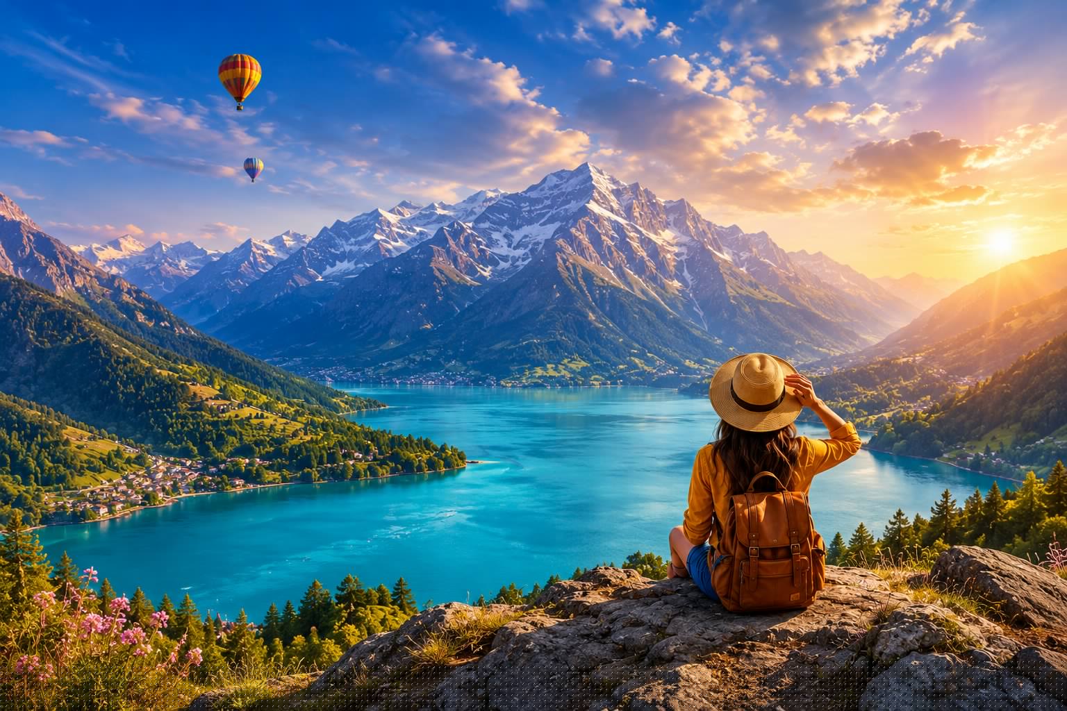 A traveller looking out over a mountain lake at sunrise